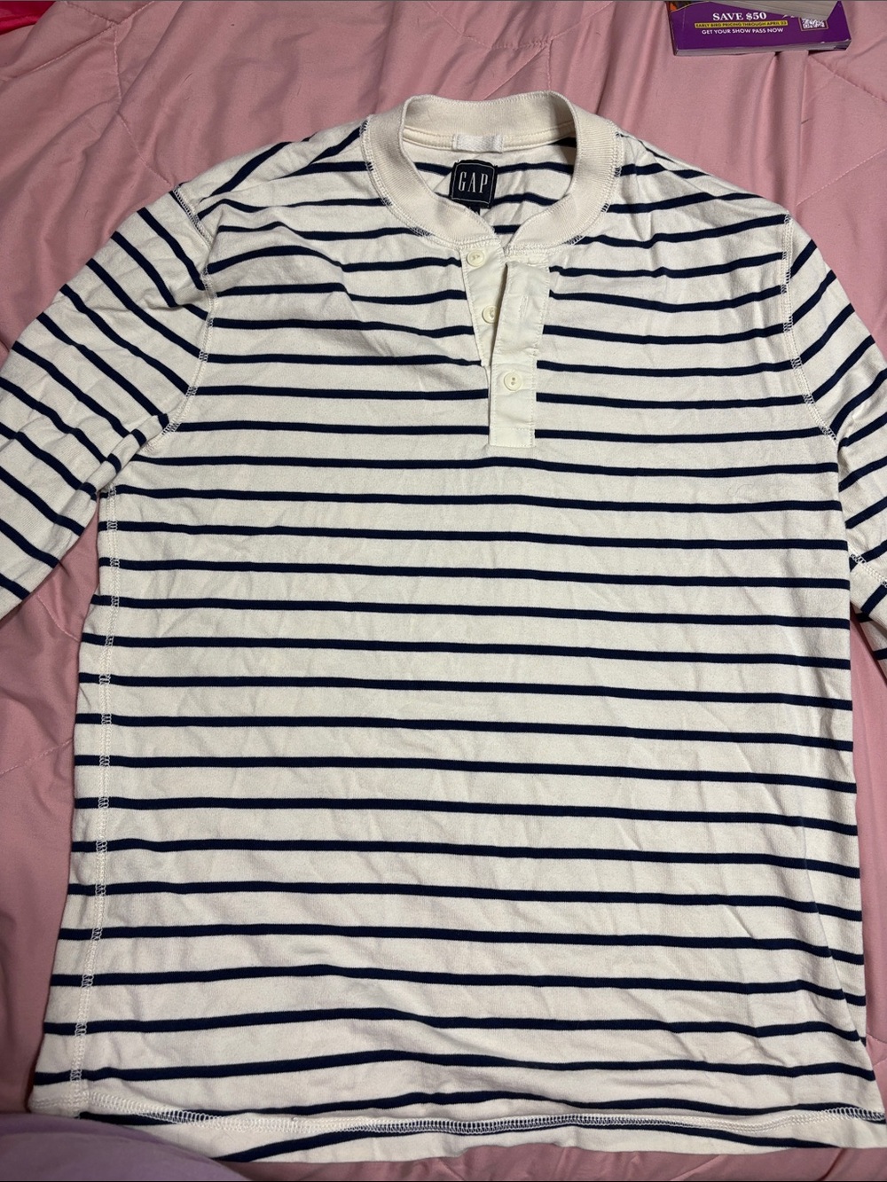 GAP White and Navy Striped Long Sleeve Henley